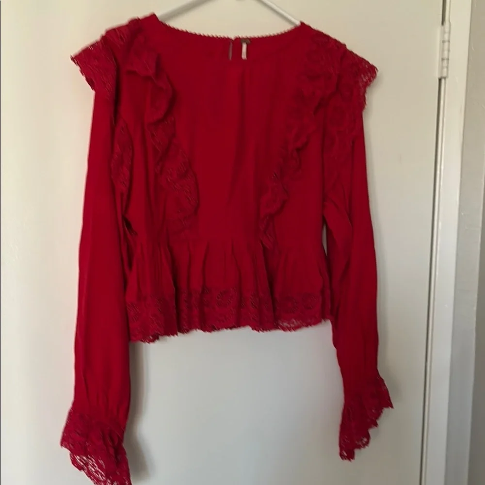 Free People Red Ruffled Bell Sleeve Crop Blouse